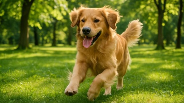 Energetic golden retriever running in the park for dog longevity supplements.