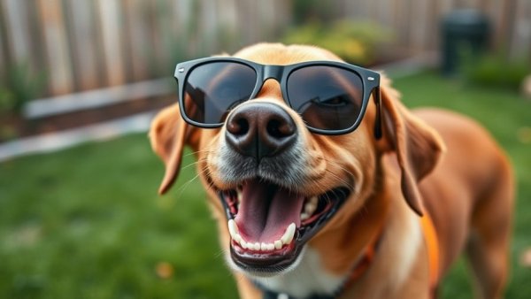 Funny dog balancing sunglasses in a green backyard.