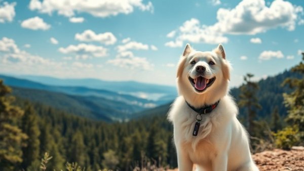 Travel with dog in scenic forested area with mountain view.