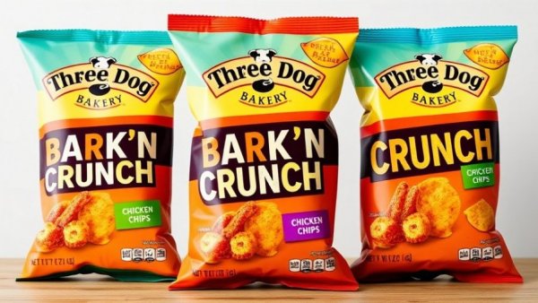 Three Dog Bakery chips for dogs in colorful packaging.