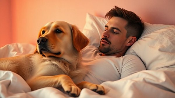 A man and a Golden Retriever cozy in bed, showcasing a warm morning scene.