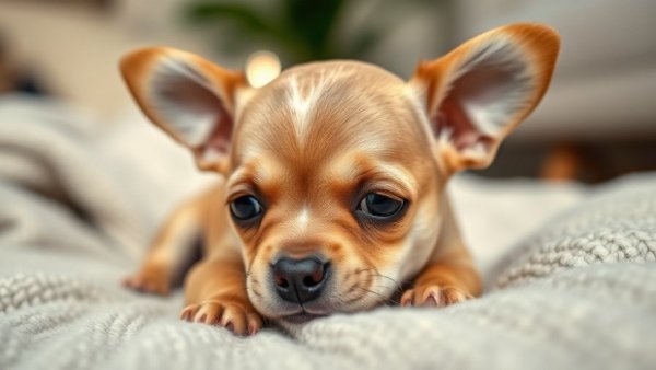 Chihuahua with hydrocephalus relaxing on cozy blanket.