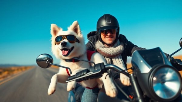 Motorcyclist traveling with dog on open road.