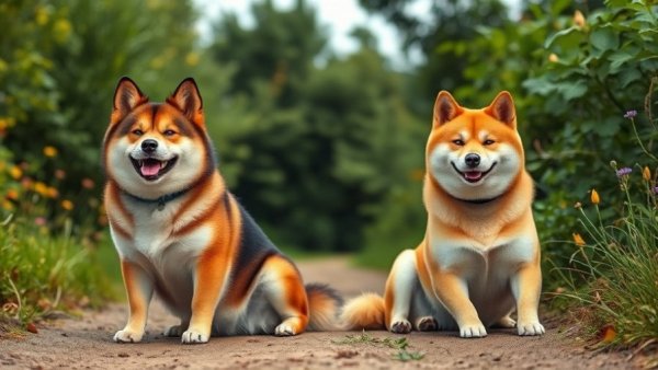 Two independent dog breeds, Akita and Shiba Inu, on a path.