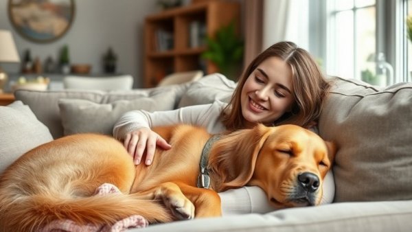 Cozy living room with a woman and her sleeping golden retriever.
