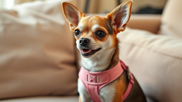 Chihuahua with open mouth wearing pink harness, tracheal collapse info.