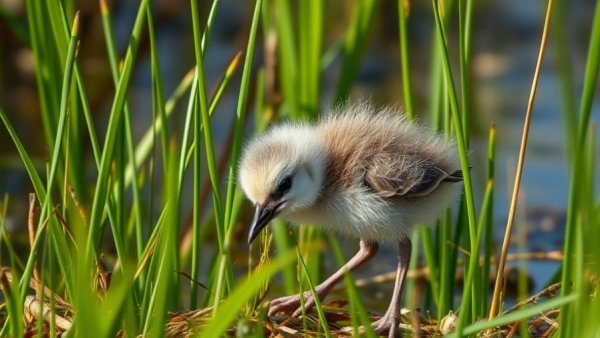 Fluffy shorebird chick in Alaskan grass, showcasing shorebird breeding success