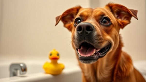 Funny pet moment with amused dog and duck in a bathtub.