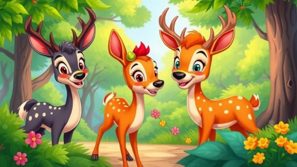 Funny animals interacting in a cartoon forest scene.