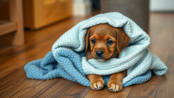 Brown puppy wrapped in a blanket on patterned floor.