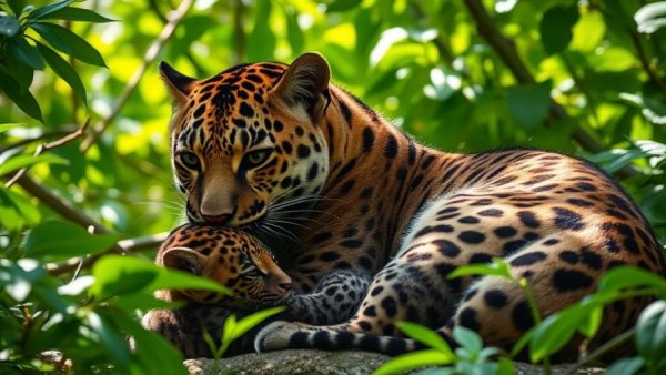 Clouded Leopard Motherhood in lush jungle setting, caring for cubs.