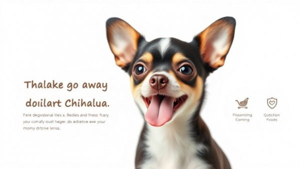 Adorable Chihuahua with tongue sticking out, pet care text overlay.