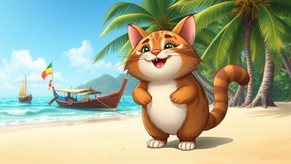 Charming cartoon fishing cat on a tropical beach