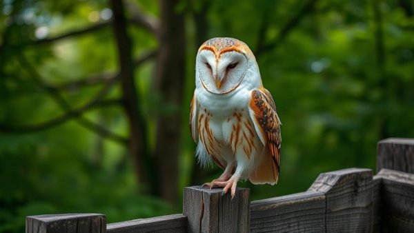 Barn owl on fence in serene forest setting