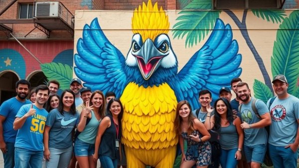 Lively crowd with Florida scrub-jay mural in mural event