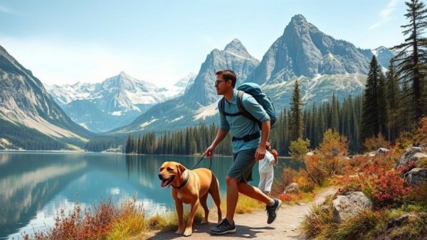 Man hiking with a dog by a lake, scenic mountains in background.