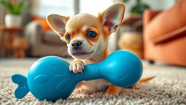 Chihuahua puppy with a squeaky toy showing why dogs love squeaky toys.
