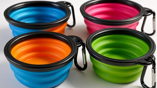Collapsible pet bowls with carabiners; ideal for beach safety tips for dogs.