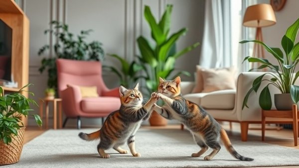 Two playful cats in a cozy living room, promises made to animals.