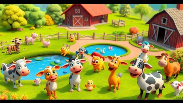 Colorful cartoon farm scene with playful animals, perfect for funny animal videos.