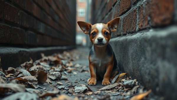 Frightened dog in alley highlights abandonment issues.