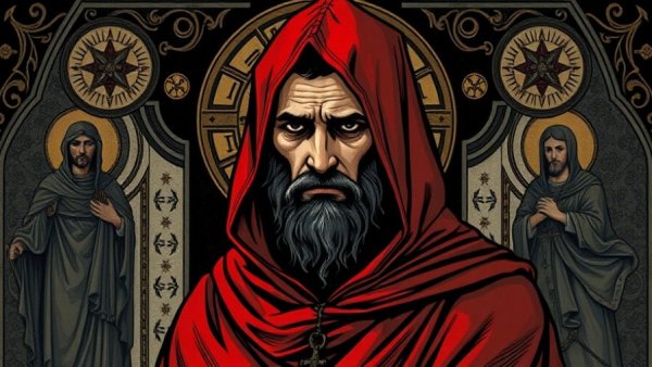 Intricate illustration of a medieval monk with somber expression.