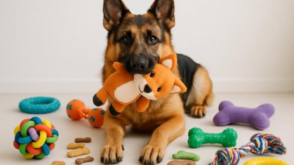 German Shepherd with toys in a dog-friendly apartment