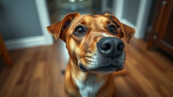 Curious brown dog looking up on wooden floor - dog adoption stories