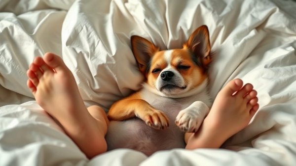 Dog sleeping between legs on bed, illustrating comfort.