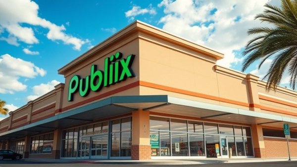 Zesty Paws products at Publix: vibrant store entrance in daylight.