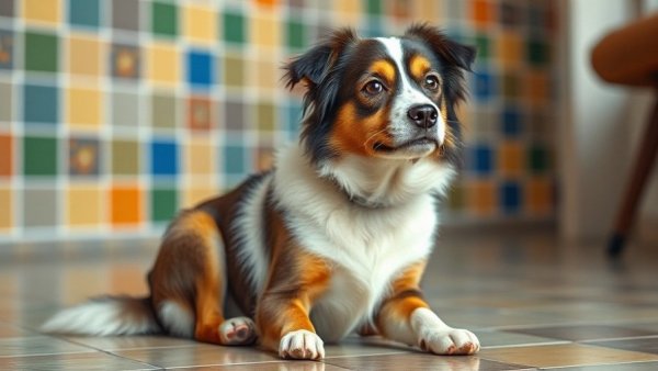 Charming mixed-breed dog seated calmly in colorful room, dog behavior and adoption