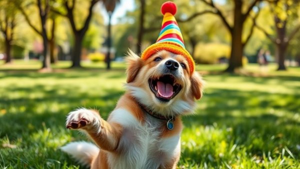 Funny dog in a clown hat performing tricks in a sunny park.