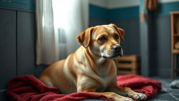 They Warned Me About Him: Calm tan dog sitting thoughtfully on a red blanket.