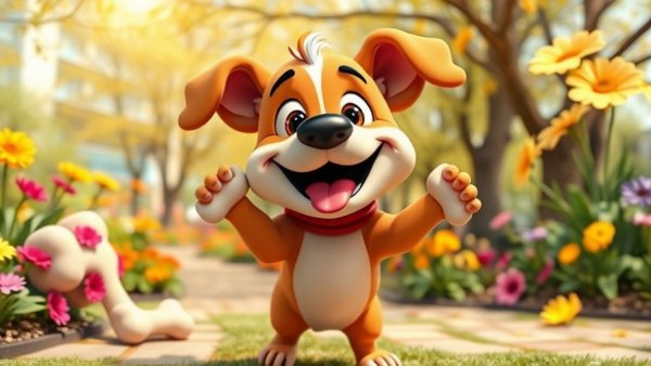Funny dog stuff cartoon image with playful dog in park.