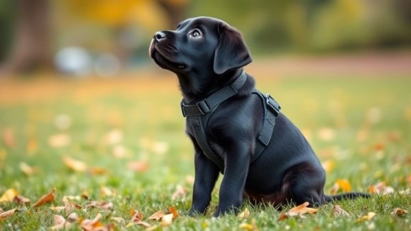 Adorable black Labrador puppy in harness on grass, travel with dog.