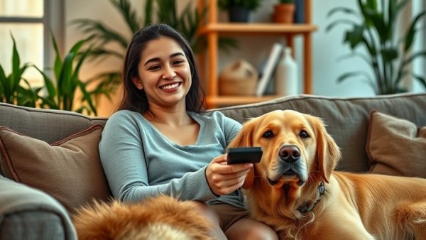 Woman relaxing with golden retriever, stress-free for both.