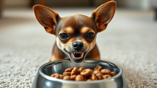 Food aggression in Chihuahuas: Alert dog guarding food bowl.