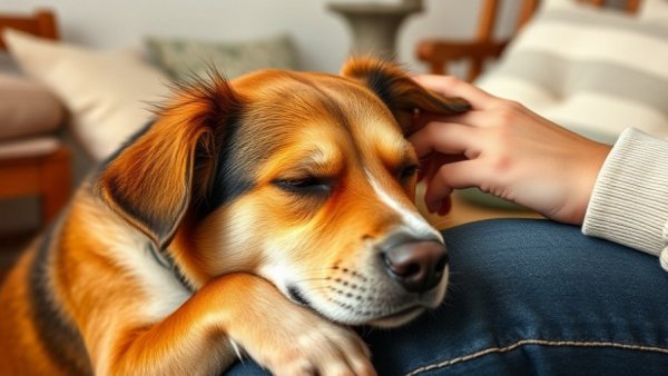 Dog resting its head on person's lap indoors, showing affection.