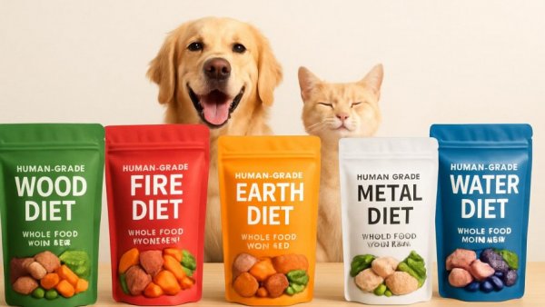 Selection of human-grade dog food packages with cat and dog.