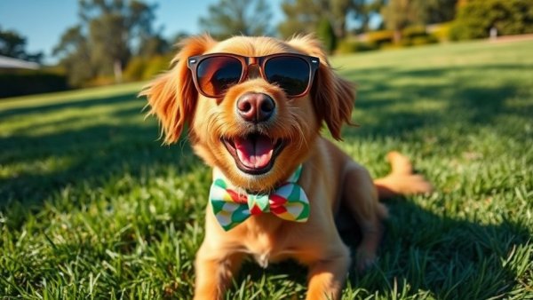 Playful brown dog in sunglasses and bowtie, funny dog stuff.