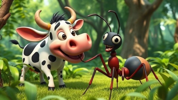 Funny animal videos: Cow and giant ant in vibrant forest.