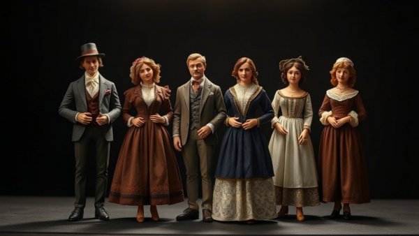 Vintage figurines in 19th-century attire showcasing elegance.