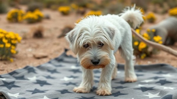 Loreta and Washington adoption story; scruffy dog by a blanket in nature.