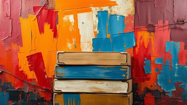 Abstract painting of vintage boxes with vibrant colors.