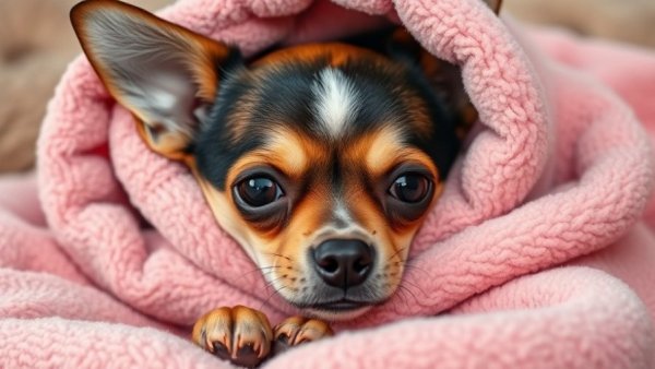 Concerned Chihuahua wrapped in pink blanket highlighting Chihuahua health issues.
