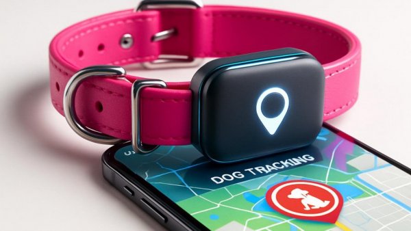 Smart dog collar and tracking app highlighting dog-friendly road trip stops.