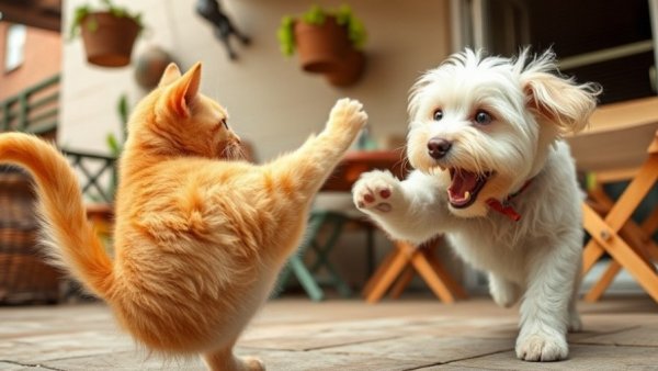 Funny animal scene with cat kicking at surprised dog.