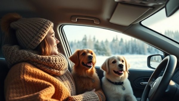 Travel with dog: Woman and two dogs in car, winter setting.