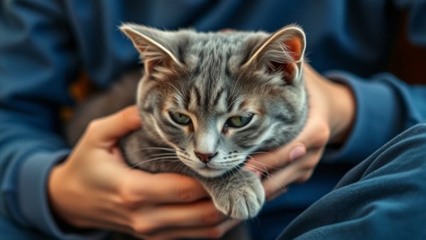 Calm gray cat held gently, related to surprising differences between boy and girl cats.