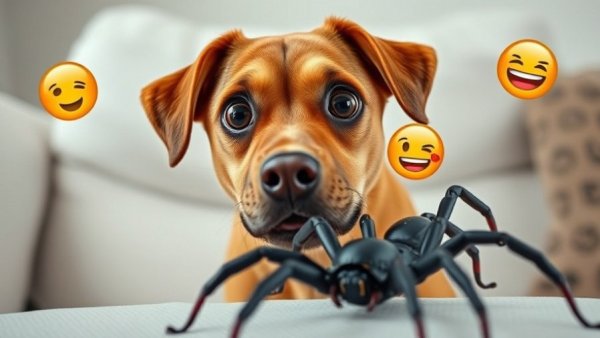 Funny dog reacting to toy spider with emojis on couch